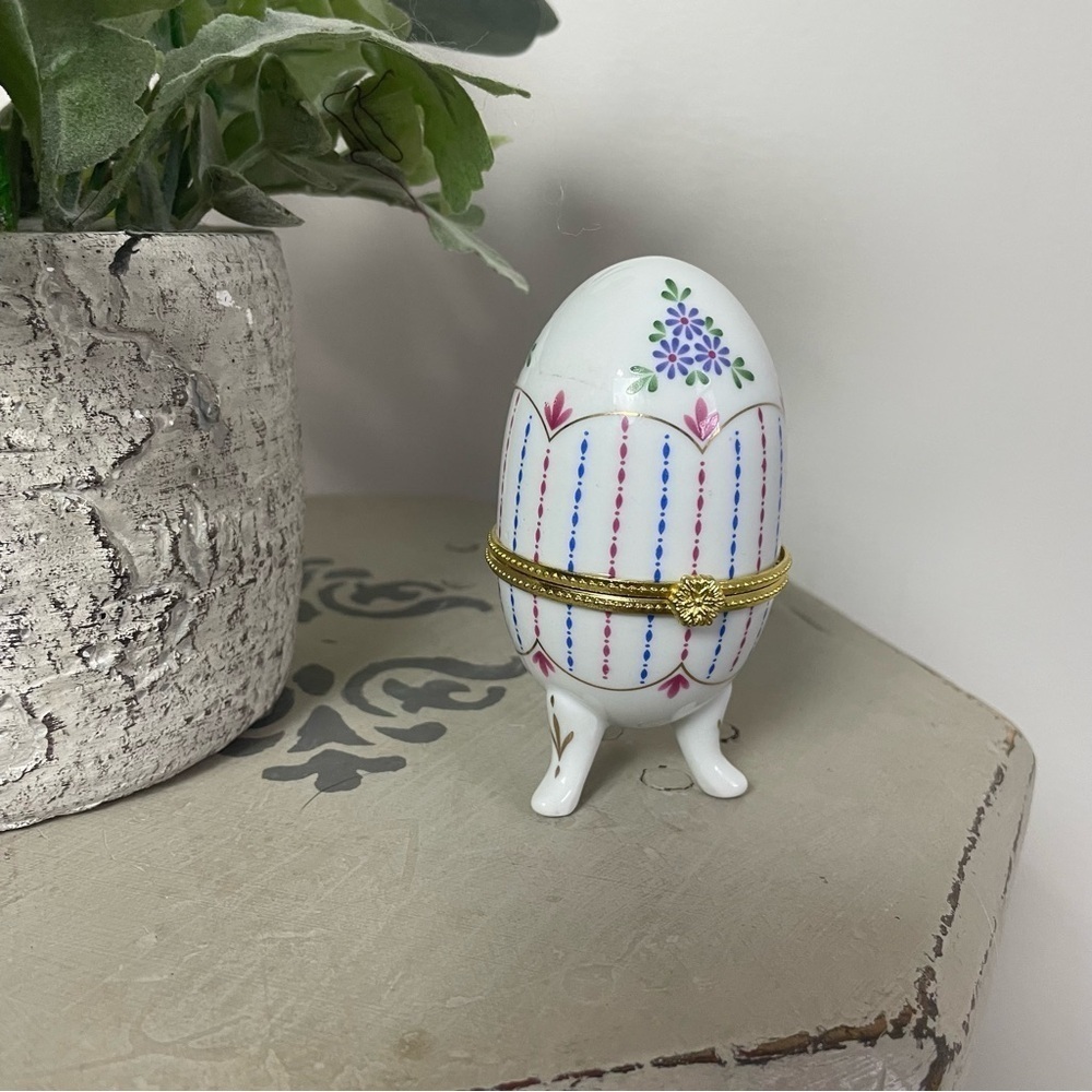 Vintage White Ceramic Victorian Egg Shaped Trinket Box Faberge Egg Inspired